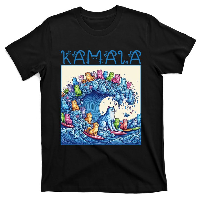 Blue Cats Wave For Kamala Harris 2024 Funny Cat Lady T-Shirt