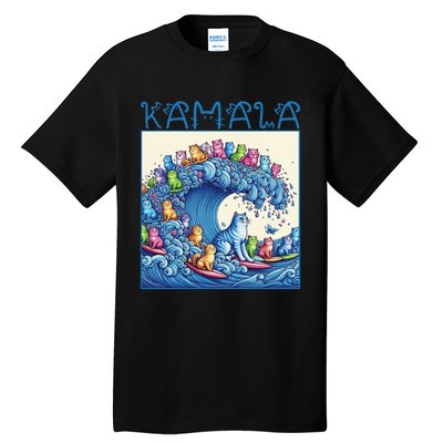 Blue Cats Wave For Kamala Harris 2024 Funny Cat Lady Tall T-Shirt