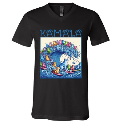 Blue Cats Wave For Kamala Harris 2024 Funny Cat Lady V-Neck T-Shirt