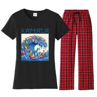 Blue Cats Wave For Kamala Harris 2024 Funny Cat Lady Women's Flannel Pajama Set