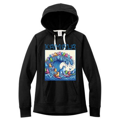 Blue Cats Wave For Kamala Harris 2024 Funny Cat Lady Women's Fleece Hoodie