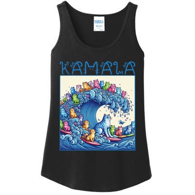 Blue Cats Wave For Kamala Harris 2024 Funny Cat Lady Ladies Essential Tank