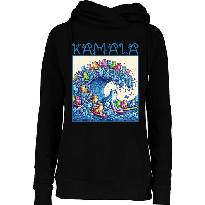 Blue Cats Wave For Kamala Harris 2024 Funny Cat Lady Womens Funnel Neck Pullover Hood