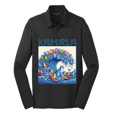 Blue Cats Wave For Kamala Harris 2024 Funny Cat Lady Silk Touch Performance Long Sleeve Polo