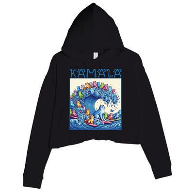 Blue Cats Wave For Kamala Harris 2024 Funny Cat Lady Crop Fleece Hoodie