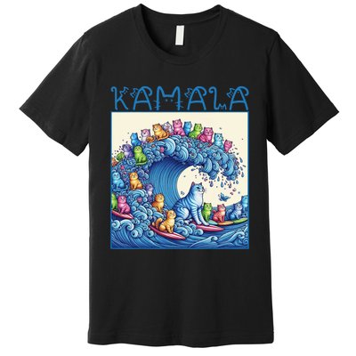 Blue Cats Wave For Kamala Harris 2024 Funny Cat Lady Premium T-Shirt