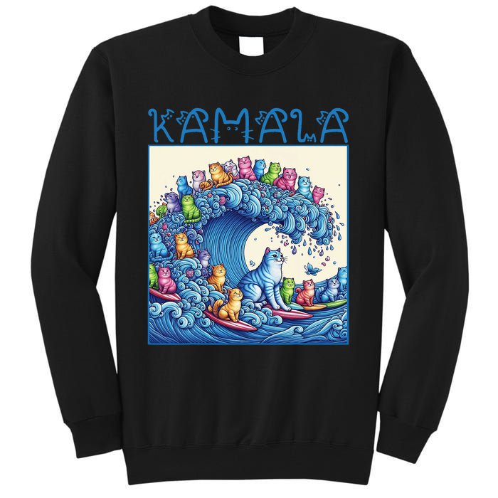 Blue Cats Wave For Kamala Harris 2024 Funny Cat Lady Tall Sweatshirt