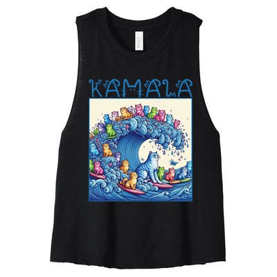 Blue Cats Wave For Kamala Harris 2024 Funny Cat Lady Women's Racerback Cropped Tank