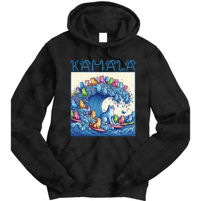 Blue Cats Wave For Kamala Harris 2024 Funny Cat Lady Tie Dye Hoodie