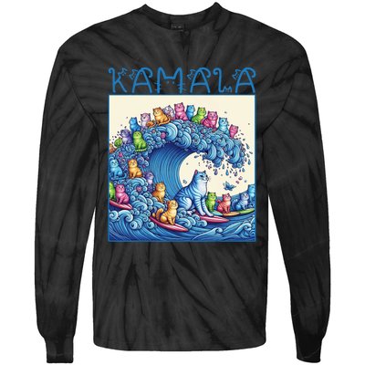 Blue Cats Wave For Kamala Harris 2024 Funny Cat Lady Tie-Dye Long Sleeve Shirt