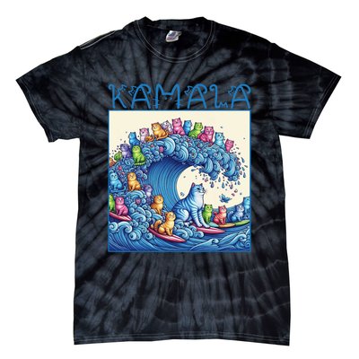 Blue Cats Wave For Kamala Harris 2024 Funny Cat Lady Tie-Dye T-Shirt