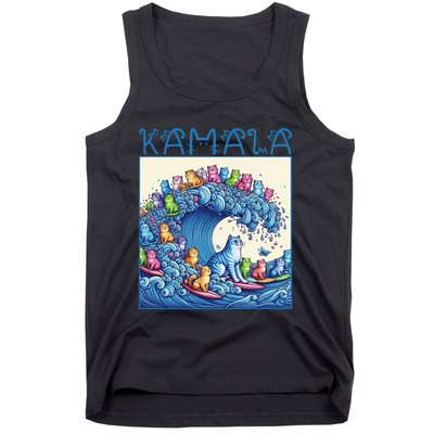 Blue Cats Wave For Kamala Harris 2024 Funny Cat Lady Tank Top