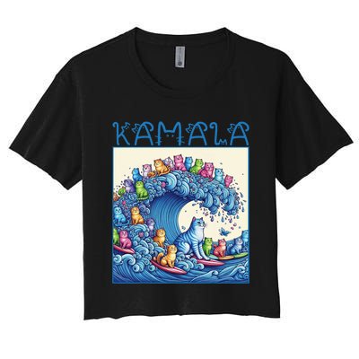 Blue Cats Wave For Kamala Harris 2024 Funny Cat Lady Women's Crop Top Tee