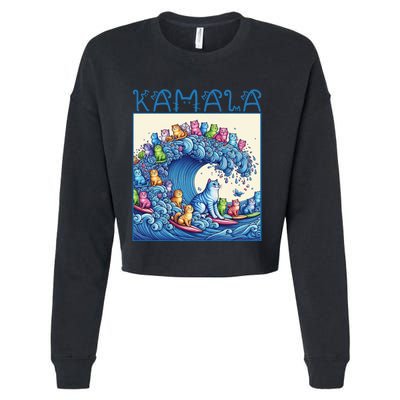 Blue Cats Wave For Kamala Harris 2024 Funny Cat Lady Cropped Pullover Crew