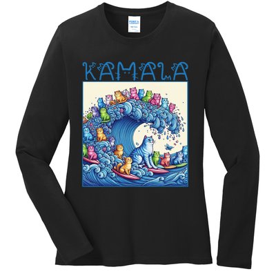 Blue Cats Wave For Kamala Harris 2024 Funny Cat Lady Ladies Long Sleeve Shirt