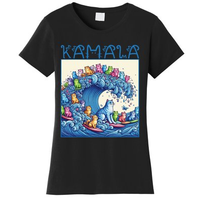 Blue Cats Wave For Kamala Harris 2024 Funny Cat Lady Women's T-Shirt