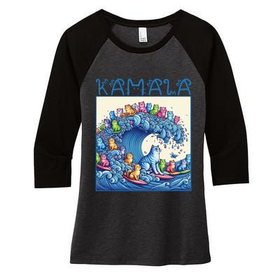 Blue Cats Wave For Kamala Harris 2024 Funny Cat Lady Women's Tri-Blend 3/4-Sleeve Raglan Shirt