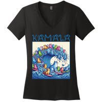 Blue Cats Wave For Kamala Harris 2024 Funny Cat Lady Women's V-Neck T-Shirt