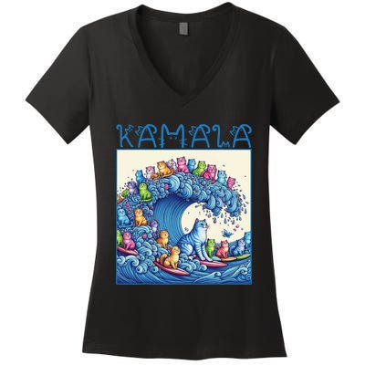 Blue Cats Wave For Kamala Harris 2024 Funny Cat Lady Women's V-Neck T-Shirt