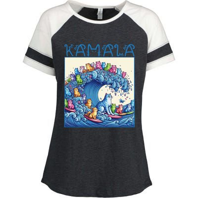 Blue Cats Wave For Kamala Harris 2024 Funny Cat Lady Enza Ladies Jersey Colorblock Tee