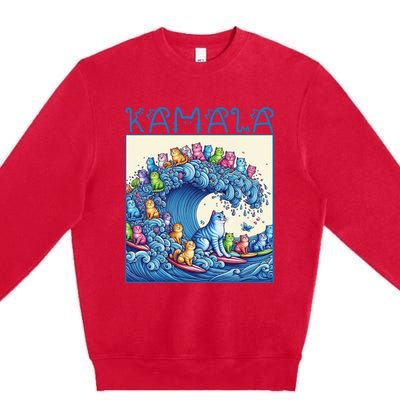 Blue Cats Wave For Kamala Harris 2024 Funny Cat Lady Premium Crewneck Sweatshirt