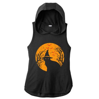 Black Cat WItch Full Moon Vintage Halloween Ladies PosiCharge Tri-Blend Wicking Draft Hoodie Tank