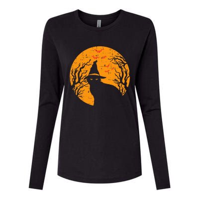 Black Cat WItch Full Moon Vintage Halloween Womens Cotton Relaxed Long Sleeve T-Shirt