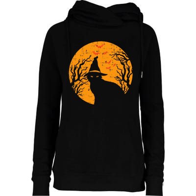 Black Cat WItch Full Moon Vintage Halloween Womens Funnel Neck Pullover Hood