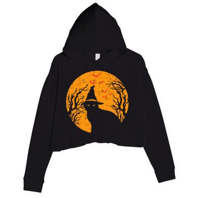 Black Cat WItch Full Moon Vintage Halloween Crop Fleece Hoodie