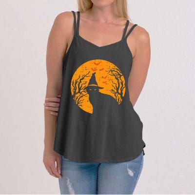 Black Cat WItch Full Moon Vintage Halloween Women's Strappy Tank