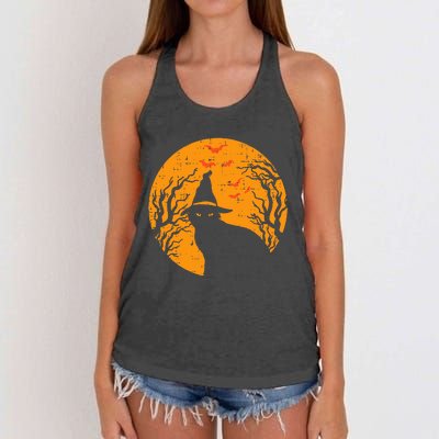 Black Cat WItch Full Moon Vintage Halloween Women's Knotted Racerback Tank