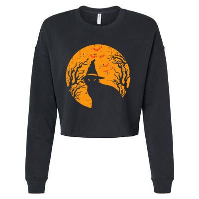 Black Cat WItch Full Moon Vintage Halloween Cropped Pullover Crew