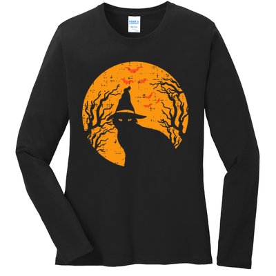 Black Cat WItch Full Moon Vintage Halloween Ladies Long Sleeve Shirt