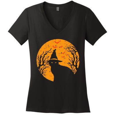 Black Cat WItch Full Moon Vintage Halloween Women's V-Neck T-Shirt