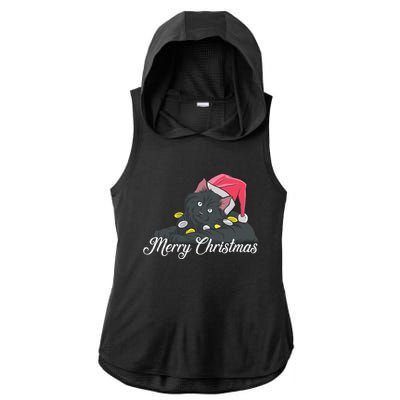 Black Cat Wearing A Santa Hat And Merry Christmas Lights Gift Ladies PosiCharge Tri-Blend Wicking Draft Hoodie Tank