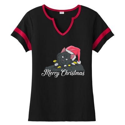 Black Cat Wearing A Santa Hat And Merry Christmas Lights Gift Ladies Halftime Notch Neck Tee