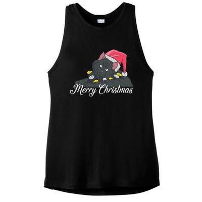 Black Cat Wearing A Santa Hat And Merry Christmas Lights Gift Ladies PosiCharge Tri-Blend Wicking Tank