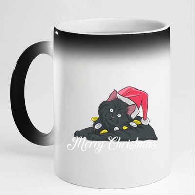 Black Cat Wearing A Santa Hat And Merry Christmas Lights Gift 11oz Black Color Changing Mug