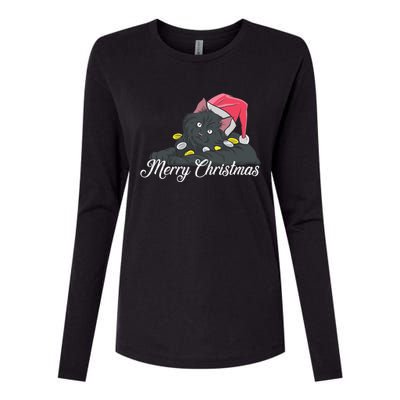 Black Cat Wearing A Santa Hat And Merry Christmas Lights Gift Womens Cotton Relaxed Long Sleeve T-Shirt