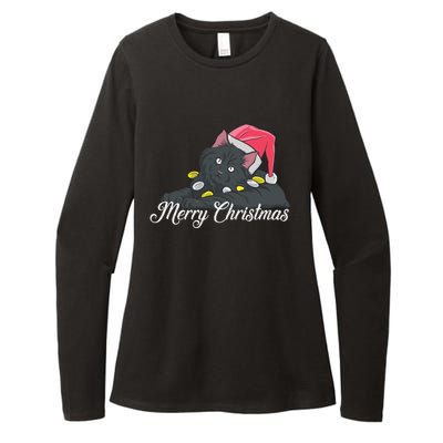 Black Cat Wearing A Santa Hat And Merry Christmas Lights Gift Womens CVC Long Sleeve Shirt