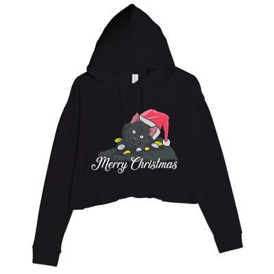 Black Cat Wearing A Santa Hat And Merry Christmas Lights Gift Crop Fleece Hoodie