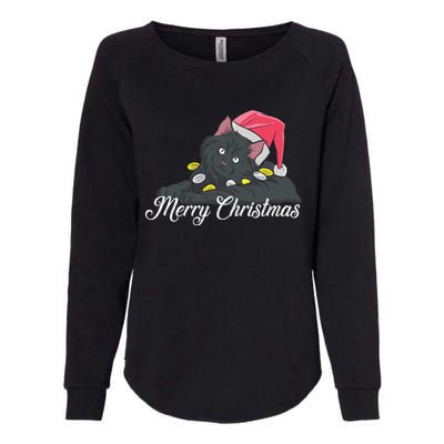 Black Cat Wearing A Santa Hat And Merry Christmas Lights Gift Womens California Wash Sweatshirt