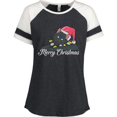 Black Cat Wearing A Santa Hat And Merry Christmas Lights Gift Enza Ladies Jersey Colorblock Tee