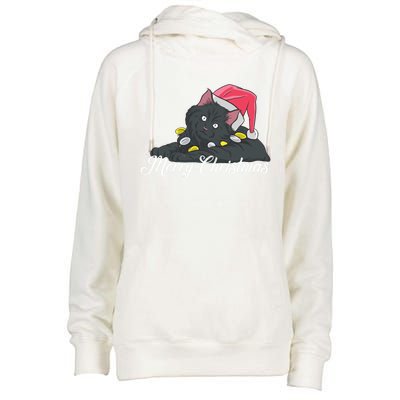 Black Cat Wearing A Santa Hat And Merry Christmas Lights Gift Womens Funnel Neck Pullover Hood