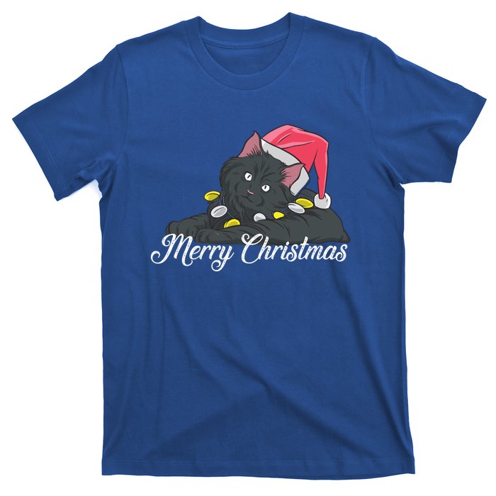 Black Cat Wearing A Santa Hat And Merry Christmas Lights Gift T-Shirt