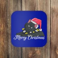 Black Cat Wearing A Santa Hat And Merry Christmas Lights Gift Coaster