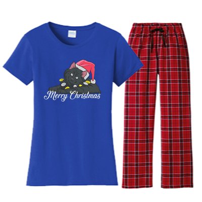 Black Cat Wearing A Santa Hat And Merry Christmas Lights Gift Women's Flannel Pajama Set