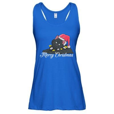 Black Cat Wearing A Santa Hat And Merry Christmas Lights Gift Ladies Essential Flowy Tank