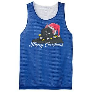 Black Cat Wearing A Santa Hat And Merry Christmas Lights Gift Mesh Reversible Basketball Jersey Tank