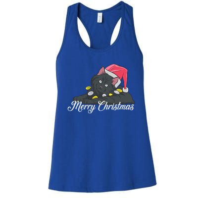 Black Cat Wearing A Santa Hat And Merry Christmas Lights Gift Women's Racerback Tank